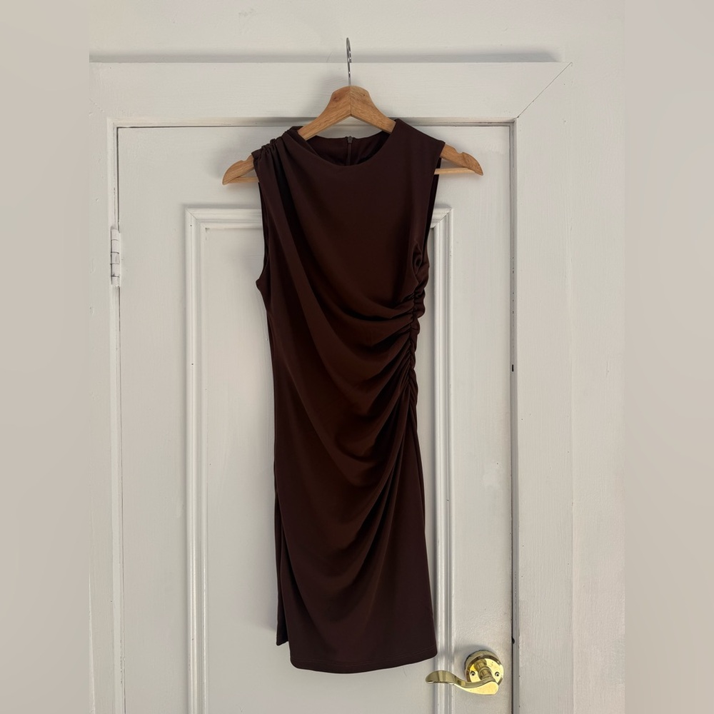 Zara NWT Chocolate Brown Ruched Mini Dress XS Sleeveless